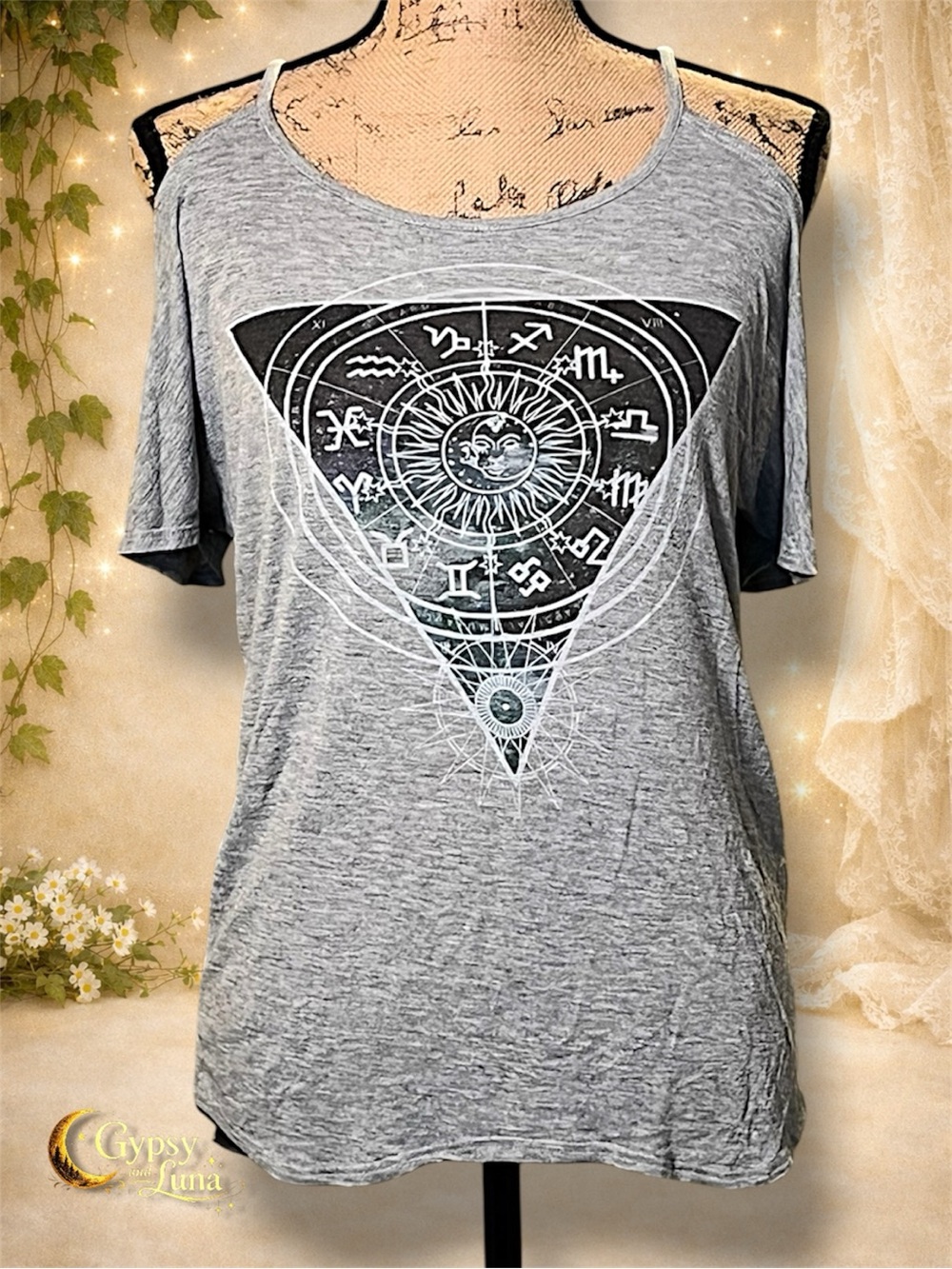 Zodiac Graphic Cold Shoulder Top Heather Gray Small